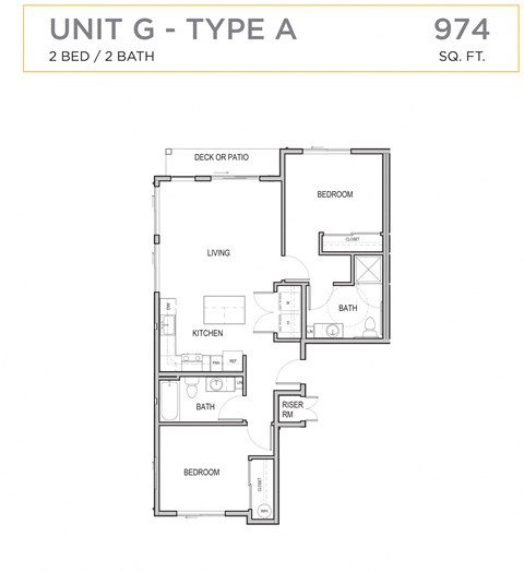 Floor plan for 2 beds, 2 baths, 970 sqft